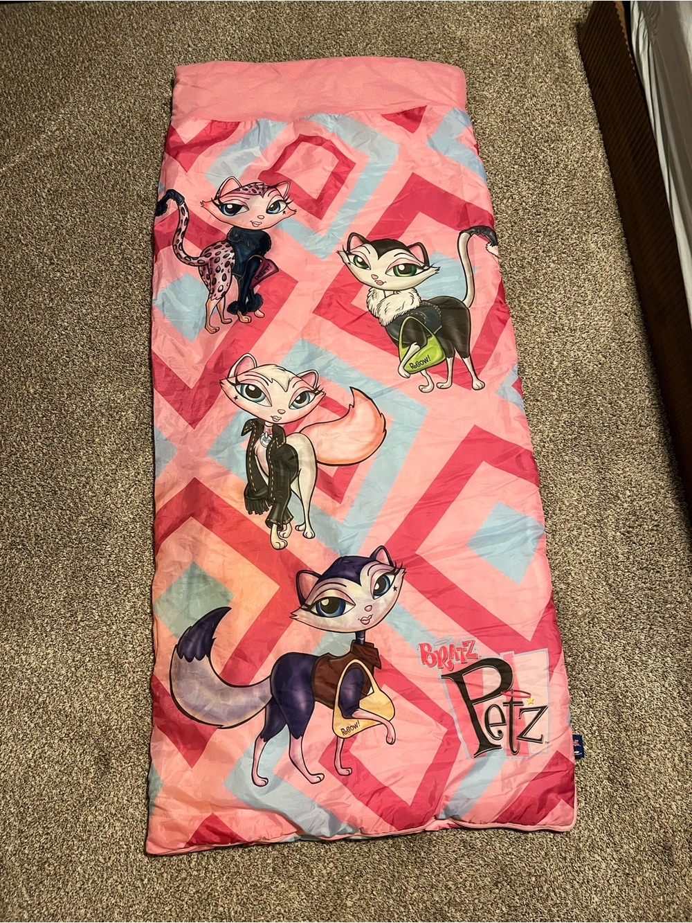 Vintage Bratz Petz Pink Kids Sleeping Bag collectible Y2K Kidcore bedroom decor
